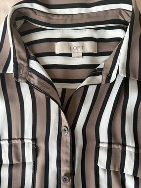 LOFT Taupe, Black & White Vertical Stripe Button-Up Blouse